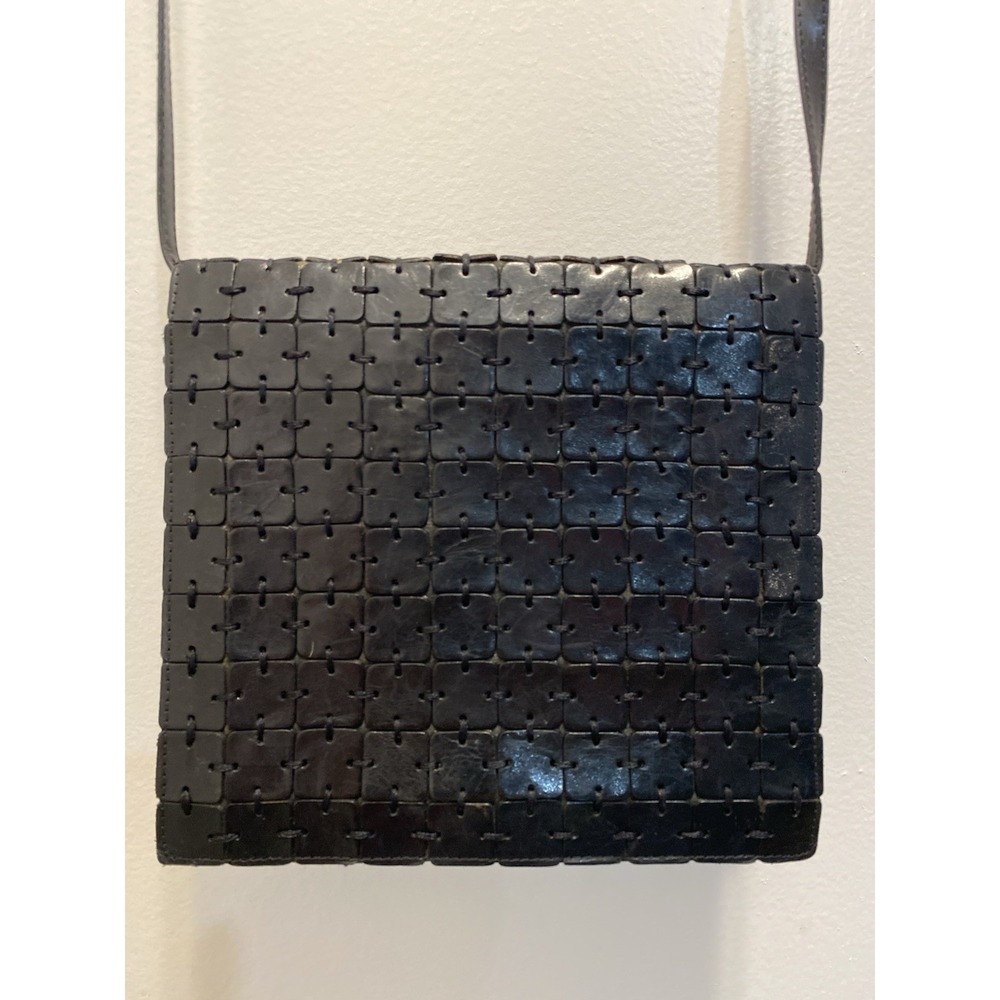 CEM Vintage Crossbody black Leather Patchwork Stitched Square design Purse